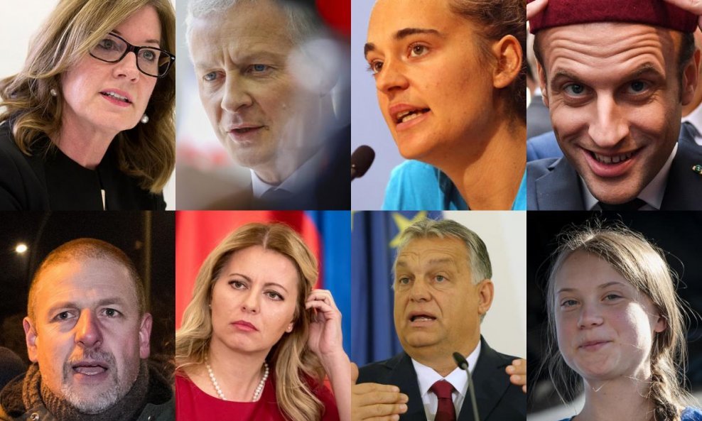 Europski moćnici slijeva na desno: Elizabeth Denham, Bruno Le Maire, Carola Rackete, Emmanuel Macron, Götz Kubitschek, Zuzana Čaputová, Viktor Orban i Greta Thunberg