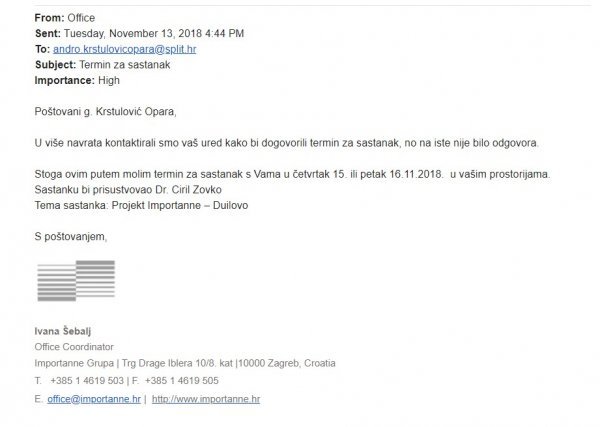 Preslika e-maila kojim Importanne grupa traži termin za sastanak sa splitskim gradonačelnikom oko projekta Duilovo